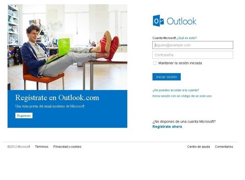 Pantalla de inicio de Outtlook.Com 