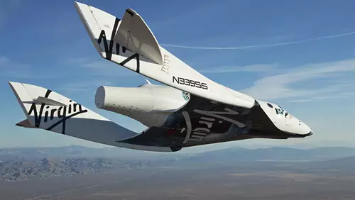 Virgin Galactic’s SpaceShipTwo on its first test flight over the Mojave Desert,