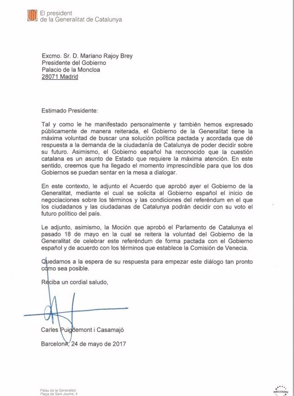Puigdemont envía una carta a Rajoy para 