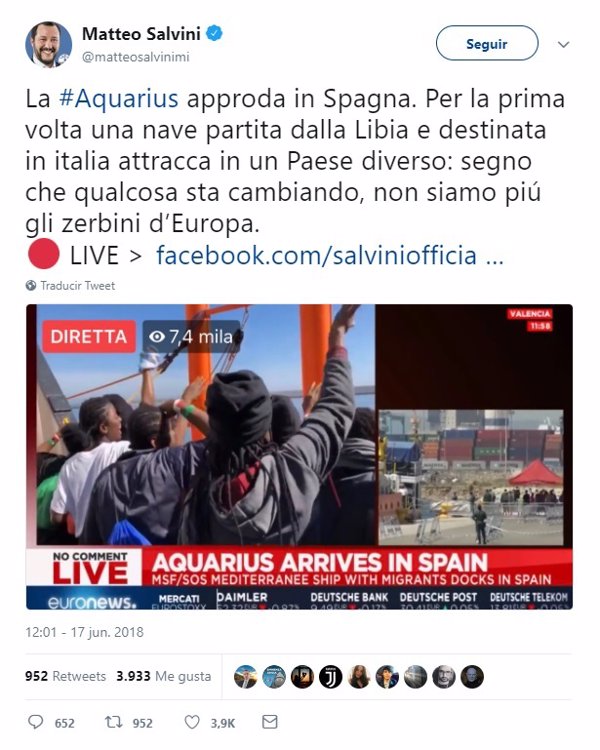 Políticos valencianos dan la bienvenida al Aquarius mientras Salvini celebra que Italia ya no es 