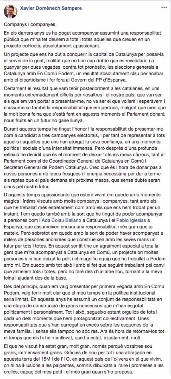 Domènech (CatComú) abandona todos sus cargos en el Parlament y el partido