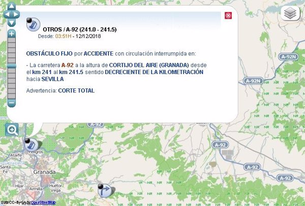 Cortado un sentido de la A-92 en Albolote (Granada) por el accidente de un camión con su conductor herido