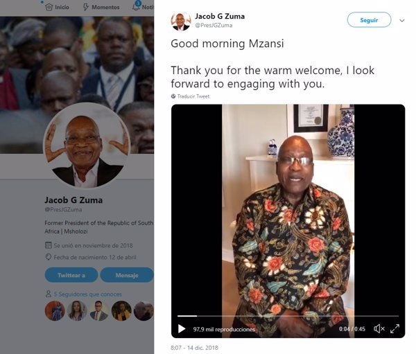 El expresidente sudafricano Jacob Zuma se estrena en Twitter con 76 años