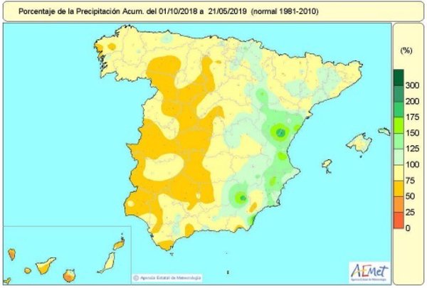 Las lluvias recogidas en España desde octubre hasta el 21 de mayo están un 12 por ciento por debajo de lo normal