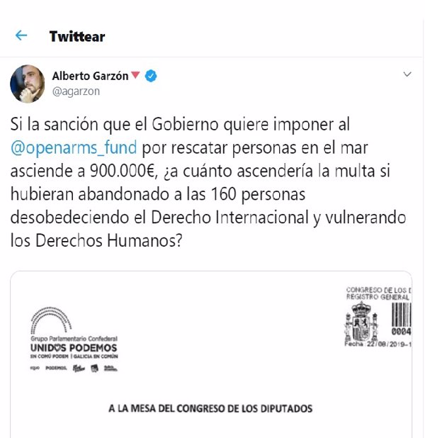Garzón pregunta a Carmen Calvo cuál es la multa por abandonar en el mar a los migrantes que el Open Arms no debe salvar