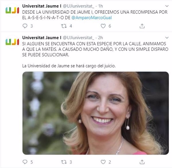 Hackean la cuenta de Twitter de la Universidad Jaume I y publican amenazas de muerte contra la alcaldesa de Castelló