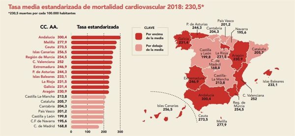 Andalucía, Canarias, Murcia y Comunidad Valenciana, las CCAA con más mortalidad cardiovascular, según datos del INE