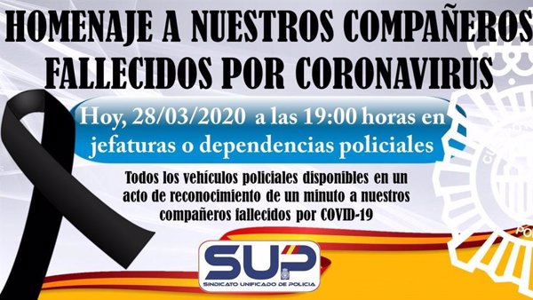 El SUP convoca un homenaje a las 19.00 horas por los agentes fallecidos a causa del coronavirus