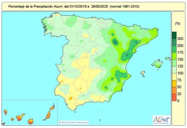 Las lluvias acumuladas desde el 1 de octubre hasta el 26 de mayo superan en un 18% al valor normal para este periodo