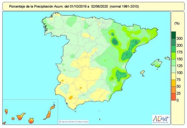 Las lluvias acumuladas desde el 1 de octubre de 2019 hasta el 2 de junio superan en un 16% el valor normal en España