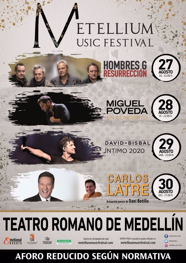 David Bisbal, Hombres G, Miguel Poveda y Carlos Latre actuarán en el Metellium Music Festival de Medellín (Badajoz)