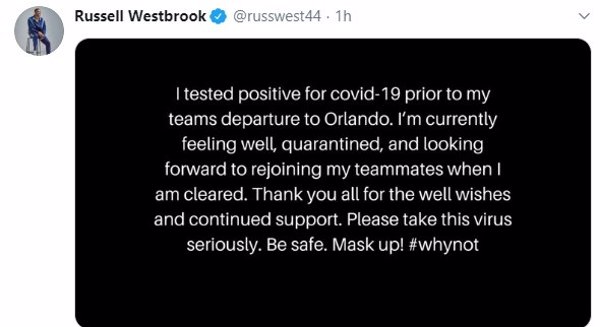 El base de Houston Rockets Russell Westbrook, en cuarentena tras dar positivo por coronavirus