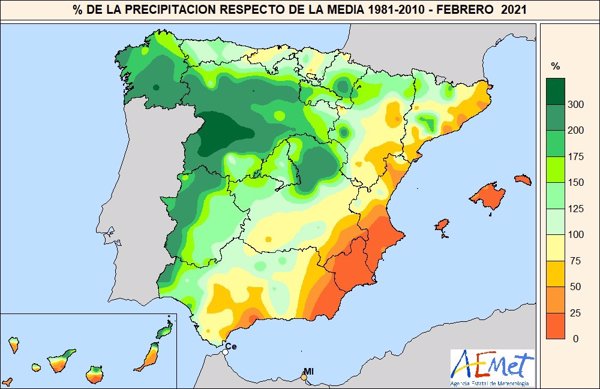 Febrero de 2021 ha sido un 35% más lluvioso de lo normal y el tercero más cálido desde que hay registros