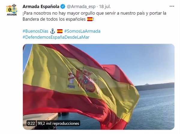 ERC cuestiona un 'tweet' de la Armada el 18 de julio mostrando su orgullo por servir a España y portar su bandera