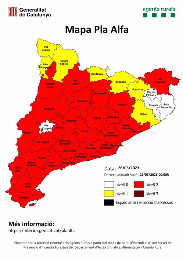 Cataluña extiende el nivel 2 del Pla Alfa a 31 comarcas este domingo por riesgo de incendio