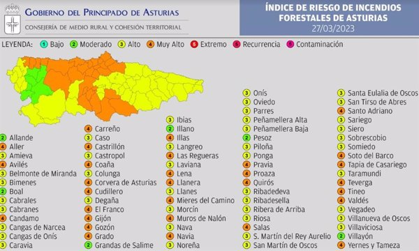 El índice de riesgo de incendios forestales en Asturias será 'muy alto' este lunes en 30 municipios