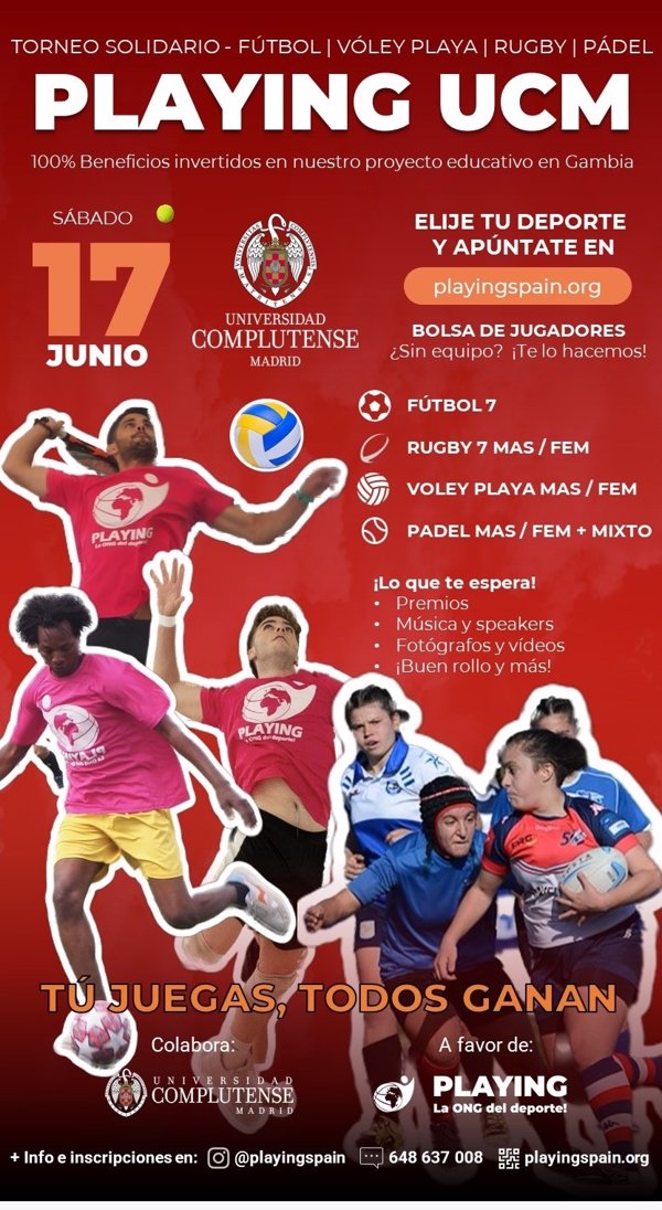 Playing, la ONG del deporte, celebra un torneo solidario de pádel, fútbol, rugby y vóley playa en la UCM el 17 de junio