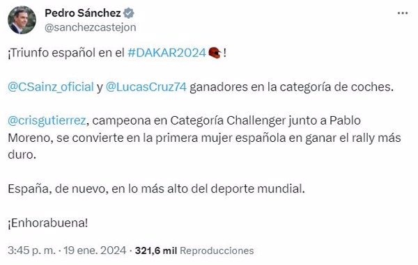 Pedro Sánchez felicita a Cristina Gutiérrez y a Carlos Sainz por su victoria en el Dakar