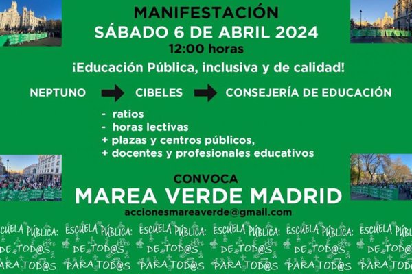 Marea Verde Madrid se manifestará el 6 de abril para pedir más plazas y docentes y una bajada de ratios y horas lectivas