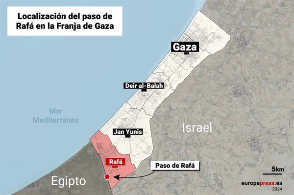 Mapa del paso de Rafá en la Franja de Gaza