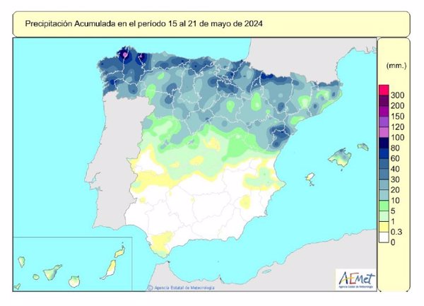 Las lluvias acumuladas desde octubre en España se mantienen un 6% por encima de su valor normal con 534 l/m2