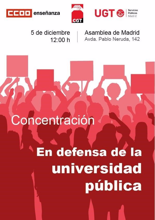 CCOO, UGT y CGT Madrid mantienen concentración de mañana en defensa de la universidad a pesar de acuerdo en financiación