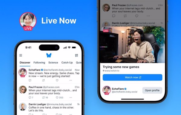 Bluesky permitirá compartir las retransmisiones en directo desde Twitch y YouTube