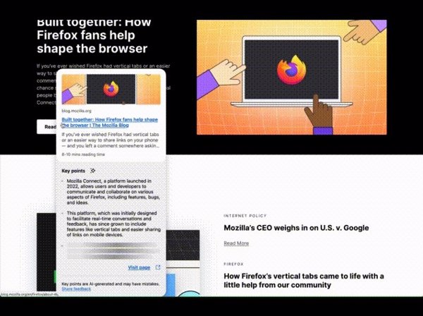 Firefox lanza las vistas previas de enlaces con IA, que muestran los puntos clave de una página web antes de abrirla