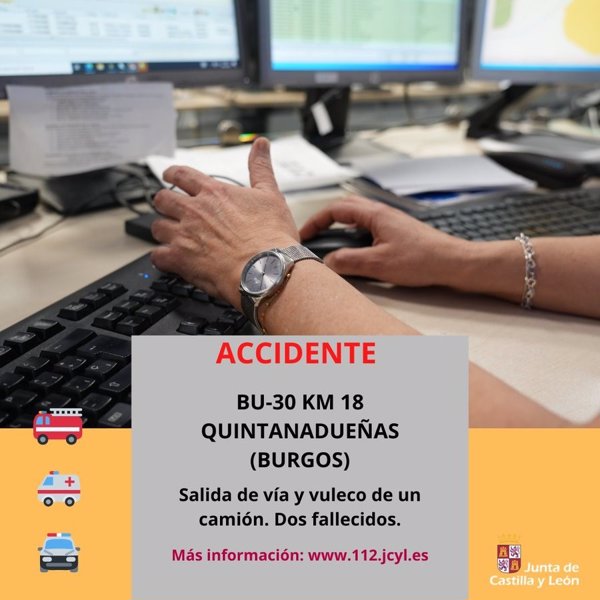 Fallece un matrimonio tras volcar un camión de residuos urbanos por un reventón en Quintanadueñas (Burgos)