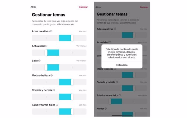 TikTok permite gestionar la frecuencia de recomendación de contenidos sobre determinados temas