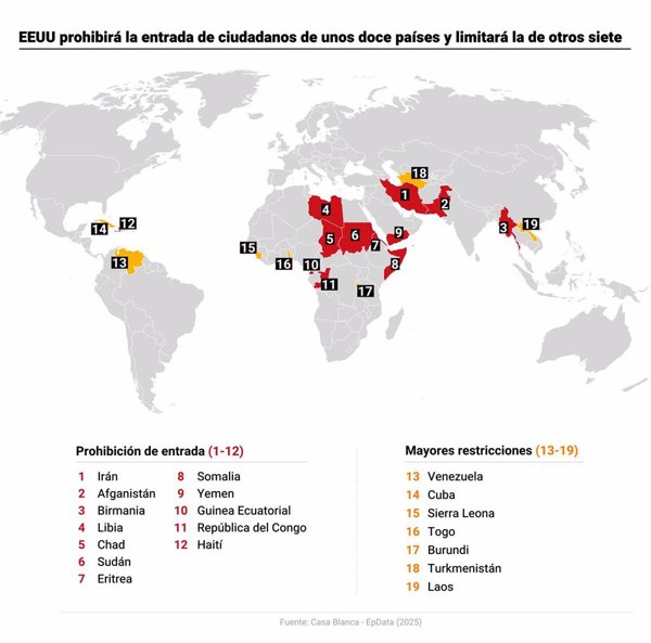 (Mapa) EEUU prohibirá la entrada de ciudadanos de unos doce países y limitará la de otros siete