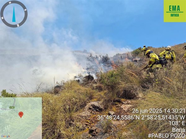 Un incendio forestal en el paraje Río Chico de Berja (Almería) obliga a desplegar medios aéreos y terrestres
