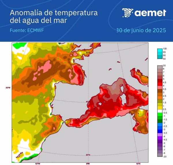 Las aguas del Mediterráneo occidental alcanzan los 30ºC, entre 5 y 6 °C superiores a los de esta época del año