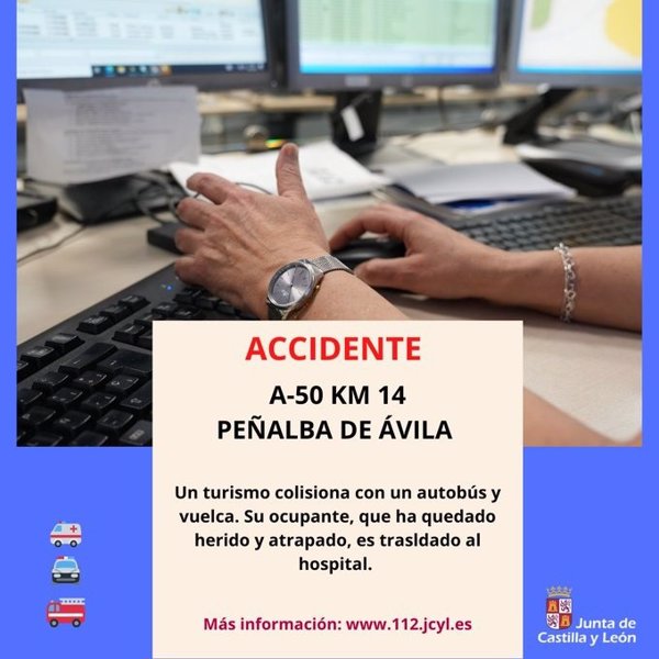 Un herido tras chocar un turismo y un autobús con diez ocupantes en la A-50 en Ávila