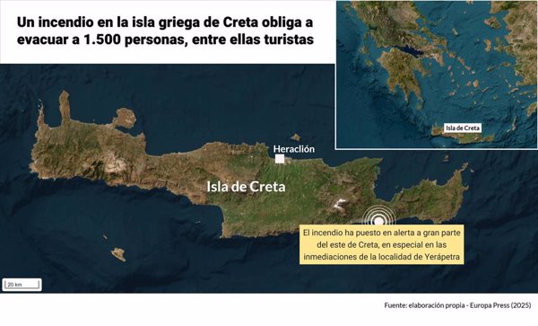 (Mapa) Un incendio en la isla griega de Creta obliga a evacuar a 1.500 personas, entre ellas turistas