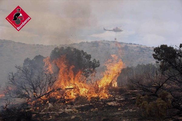 Diez medios aéreos y cien efectivos luchan contra el incendio de Ibi (Alicante)