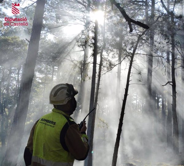 Medios terrestres y aéreos trabajan en la extinción de un incendio forestal en Castellfort (Castellón)