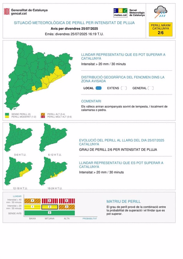 Protección Civil activa la prealerta del Inuncat por lluvias intensas este viernes en Cataluña