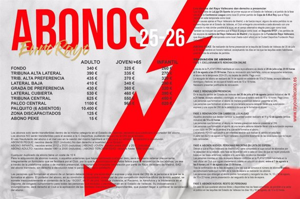 Los abonos del Rayo Vallecano para la temporada 25-26, desde 340 hasta 625 euros para los adultos