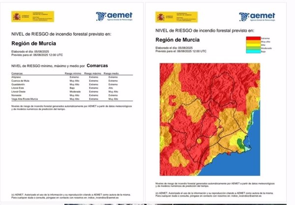 Nivel de riesgo de incendio forestal es extremo en el Altiplano, Cuenca de Mula, Guadalentín y Noroeste de Murcia