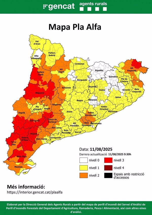 Cataluña activa el nivel 3 por riesgo muy alto de incendio forestal en 109 municipios