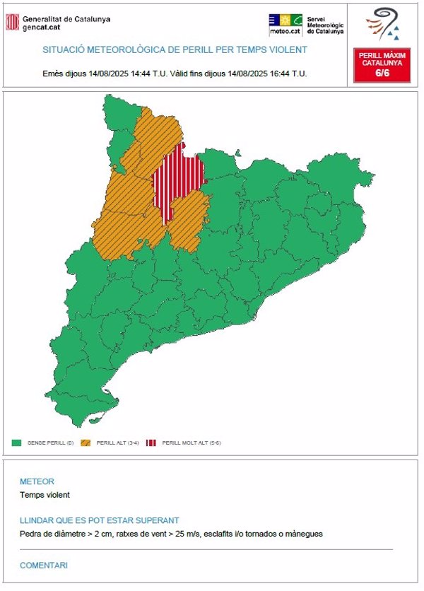 Protección Civil emite un aviso por tiempo violento este jueves en varias comarcas de Lleida