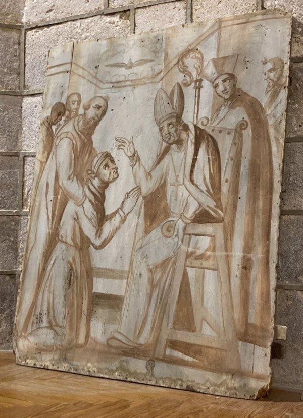 Descubren una tabla con un boceto del siglo XVI en el retablo mayor de la parroquia de Pedraza de Campos (Palencia)