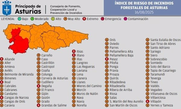Asturias mantiene nueve municipios en riesgo extremo de incendios forestales