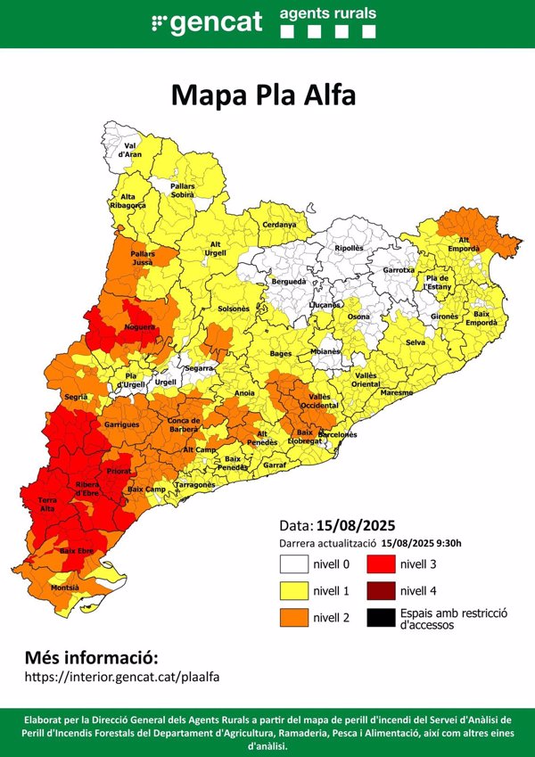 Ocho comarcas de Tarragona y Lleida tienen peligro muy alto de incendio este viernes