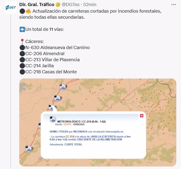 La DGT rebaja a 10 las carreteras cortadas por los incendios