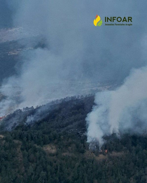 Un operativo de lucha contra incendios forestales trabaja en sofocar un fuego declarado cerca de Hecho (Huesca)