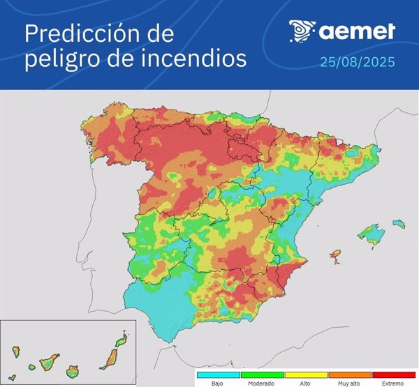 El peligro muy alto o extremo de incendios continúa hoy en zonas del norte y este peninsular
