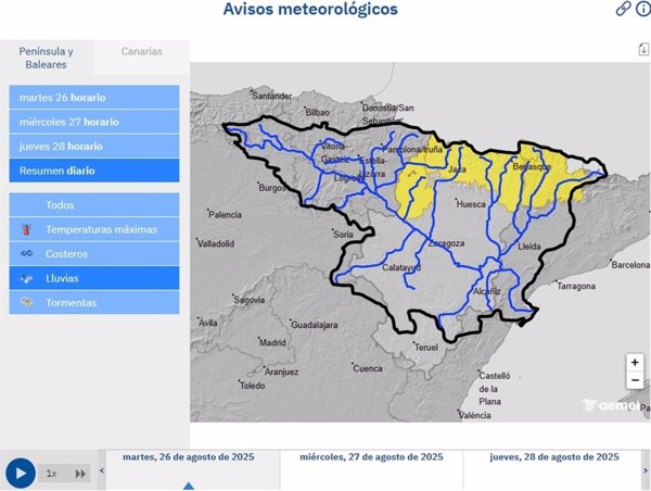 La CHE alerta de crecidas en barrancos y cauces menores por lluvias intensas previstas en Navarra, Aragón y Cataluña