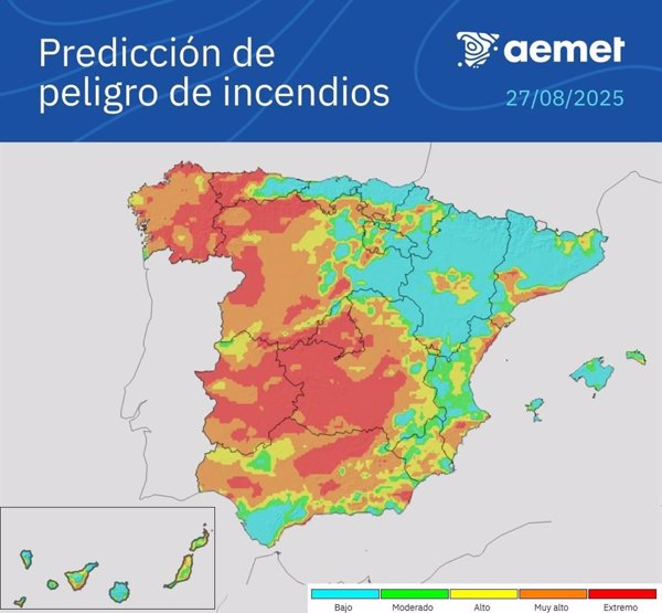 El riesgo de incendios sigue muy alto y extremo en zonas del oeste y sur peninsular pese a la caída de temperaturas